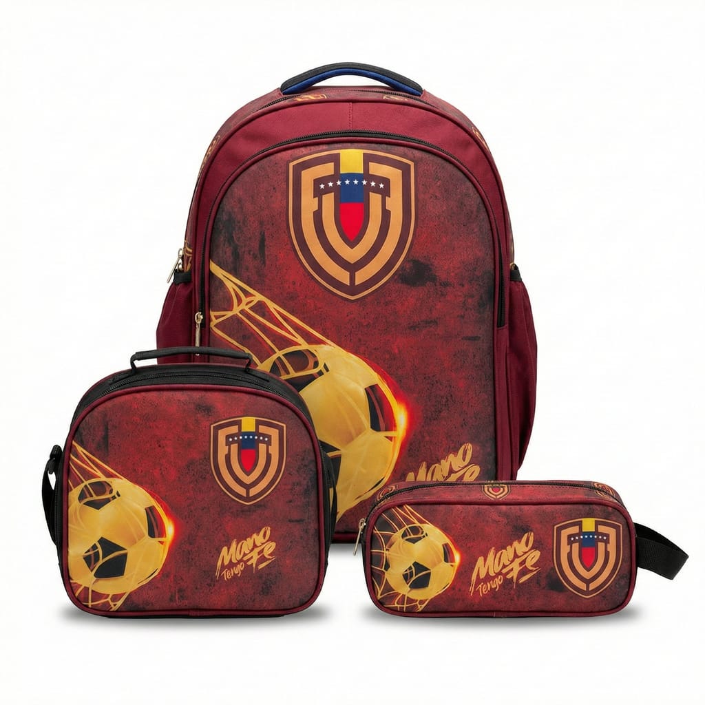 Combo escolar color vino tinto con diseño de balón de fútbol dorado y escudo, incluye mochila, lonchera y cartuchera, marca Morralkids, fabricado en Venezuela.