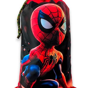 Saquito party para cotillones y celebraciones corporativas elaborado por la empresa Morralkids Venezuela. Motivo Spiderman para cumpleaños